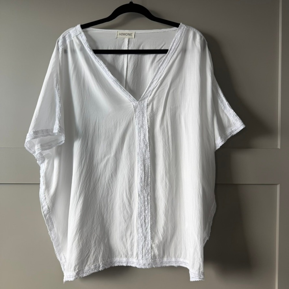 HIMONE Kaftan‎ Blouse Womens One Size White Crochet Lace Trim Boho V Neck Top
